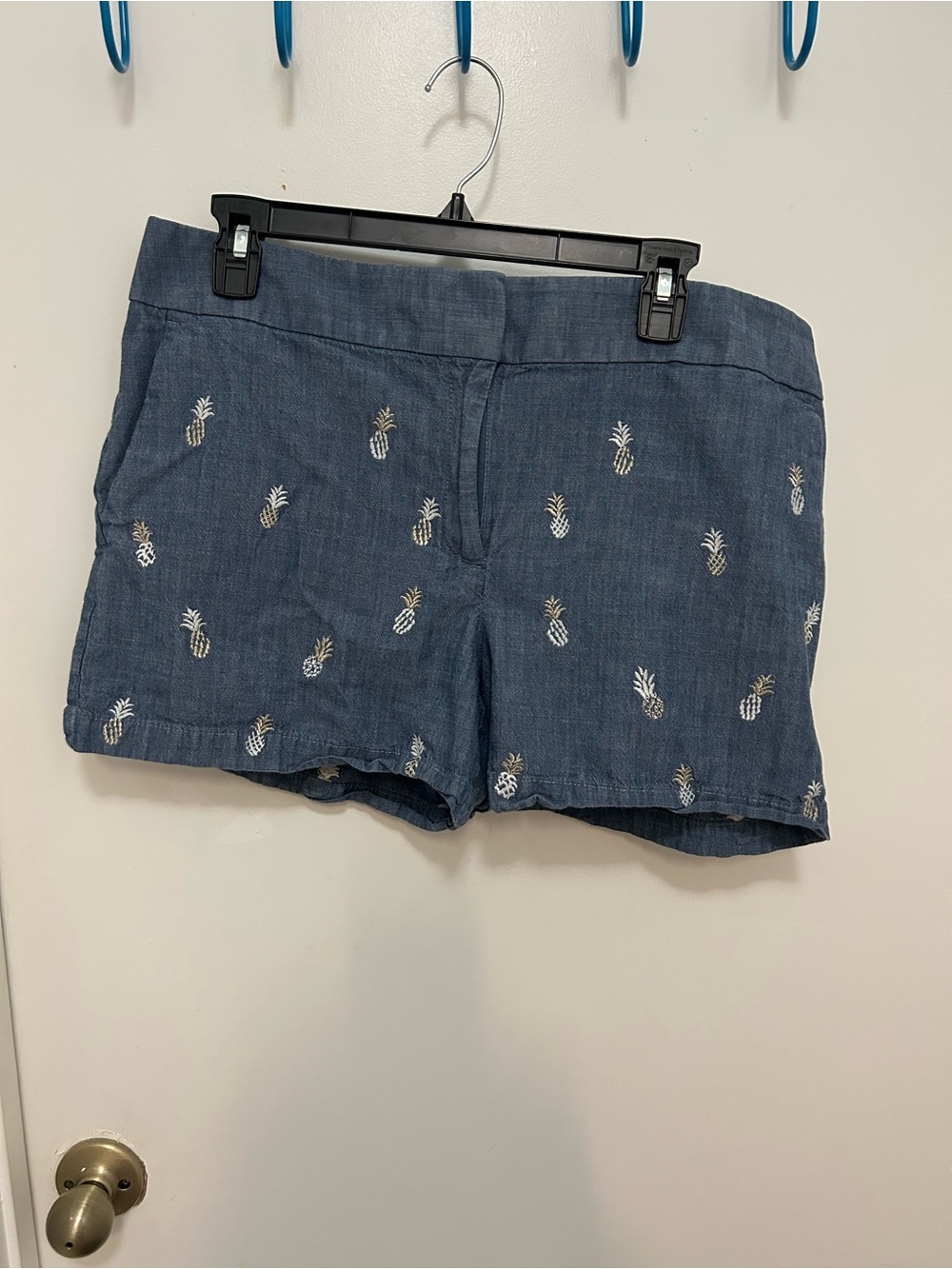 LOFT Navy Pineapple Embroidered High-Waist Shorts